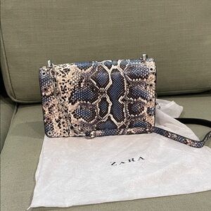 Zara Blue, Cream, and Black Snakeskin Pattern Handbag w/ Metal Detail Strap